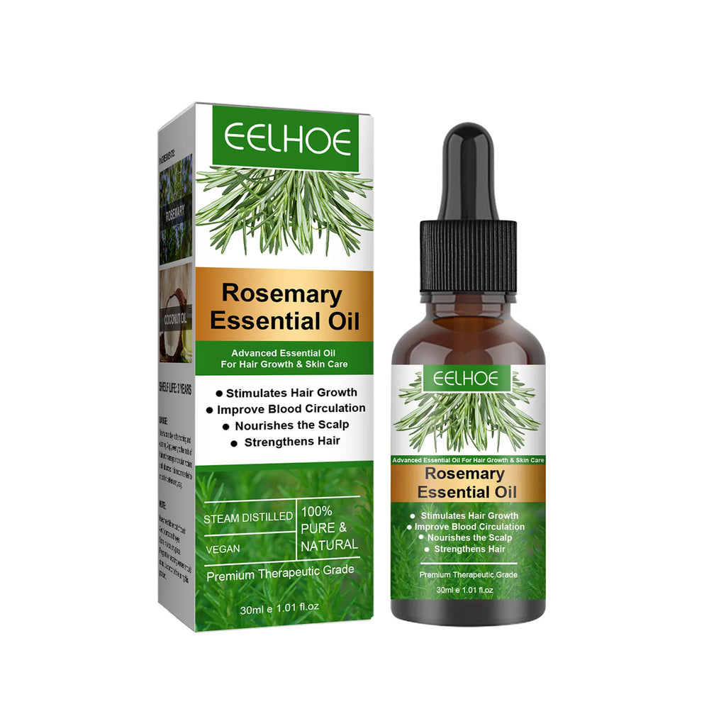 Eelhoe Rosemary Essential Oil - 30ml bottle with dropper, formulated to promote hair growth, hydrate, and soften hair, control sebum, and strengthen strands. Ideal for daily use.