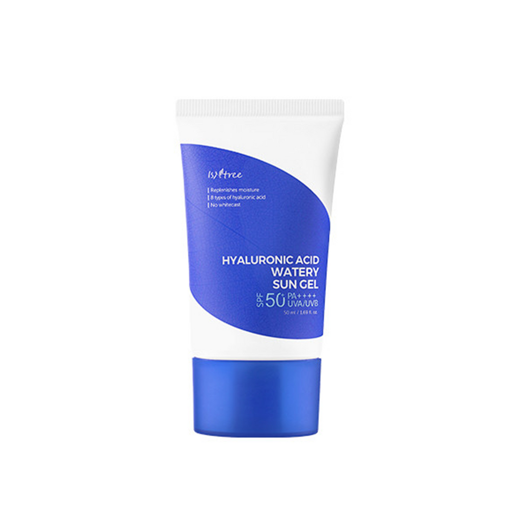 Isntree Hyaluronic Acid Watery Sun Gel SPF 50. Lightweight sunscreen with hyaluronic acid for hydrated and protected skin. Suitable for daily use.