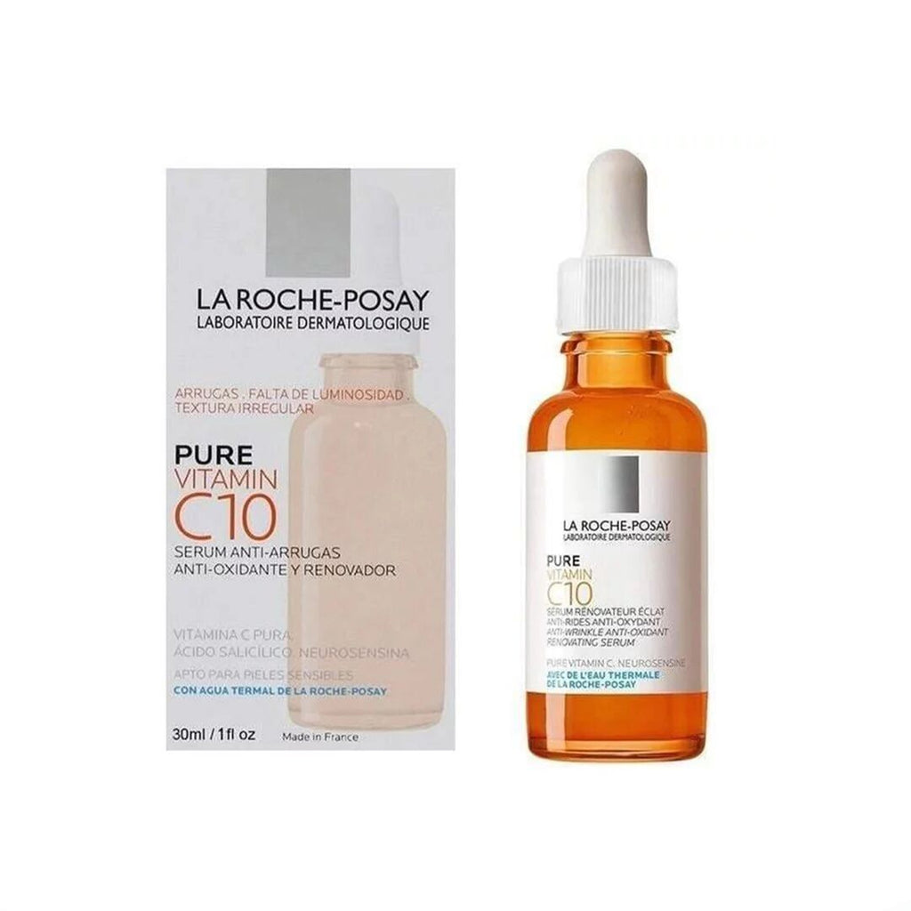 La Roche-Posay Pure Vitamin C10 Anti-Oxidant Serum - 30ml bottle with orange label, isolated on white background.