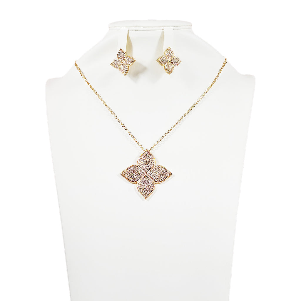 Silvered & Golden Coloured Four-Leaf Flower Necklace and Earring Set