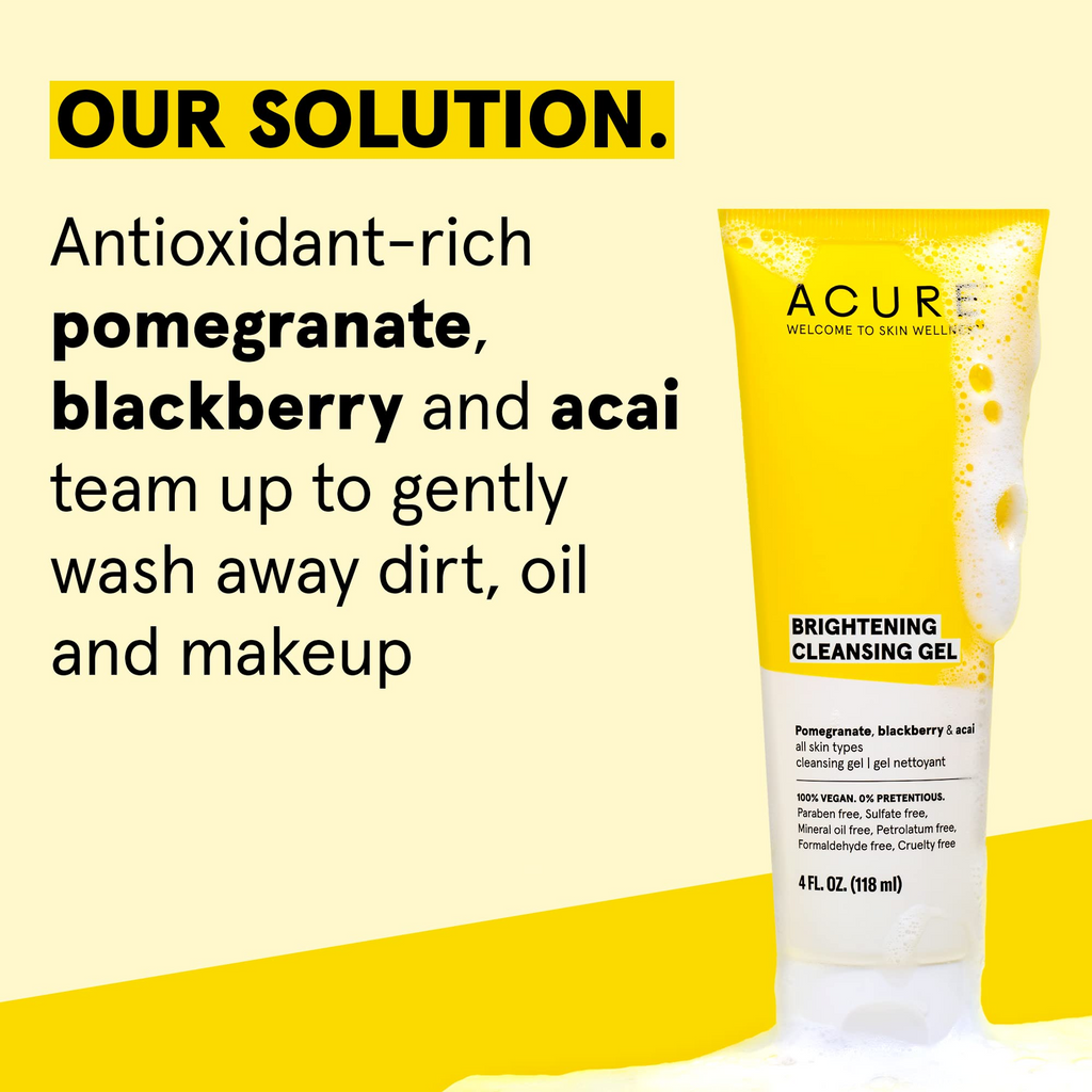 Acure Brightening Cleansing Gel - Gentle and effective cleanser with triple antioxidant blend. Suitable for all skin types.