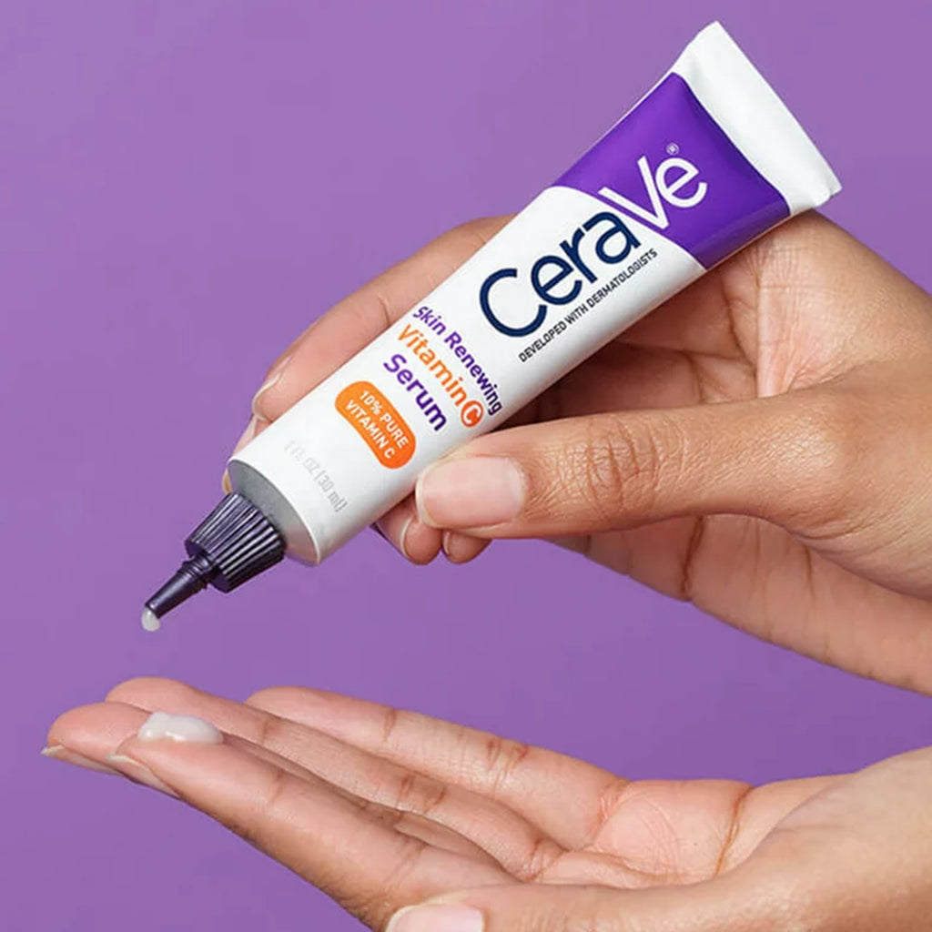Bottle of CeraVe Skin Renewing Vitamin C Serum, a skincare product designed to brighten and hydrate the skin, with ingredients such as vitamin C, ceramides, and hyaluronic acid.