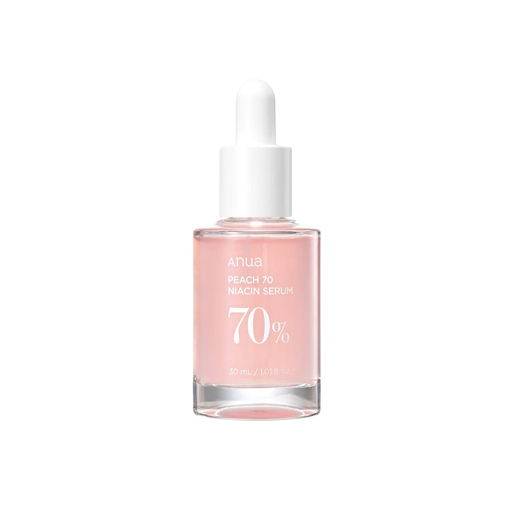 Anua Peach 70% Niacinamide Serum - Brightens dull skin, minimizes pores, and hydrates for a radiant complexion. Sustainable skincare with natural peach extracts from Jeju Island.