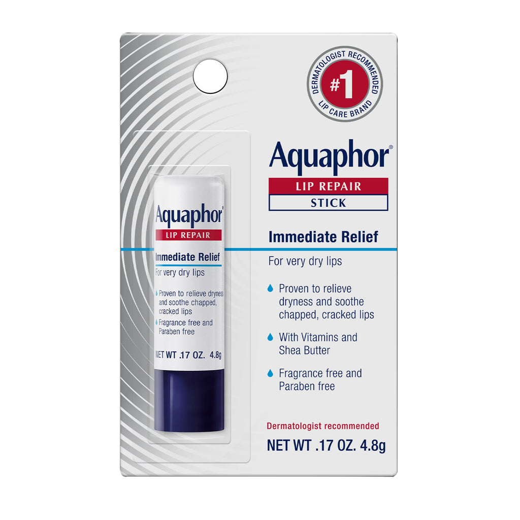 Aquaphor Lip Repair Stick Immediate Relief - Proven relief for dry, cracked lips. Enriched with vitamins, shea butter, and jojoba oil. Fragrance-free and dermatologist recommended.