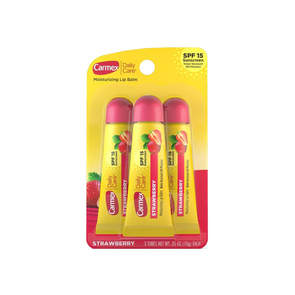 Carmex Strawberry Moisturizing Lip Balm Tubes with SPF 15 - 10 gm (3pcs) - Three tubes of lip balm with strawberry flavor and SPF 15 protection.
