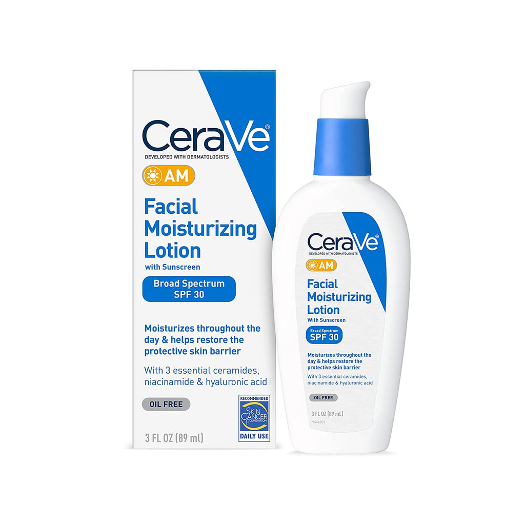 Bottle of CeraVe AM Facial Moisturizing Lotion SPF 30 - 89ml, a daily moisturizer with sunscreen for hydrated and protected skin.