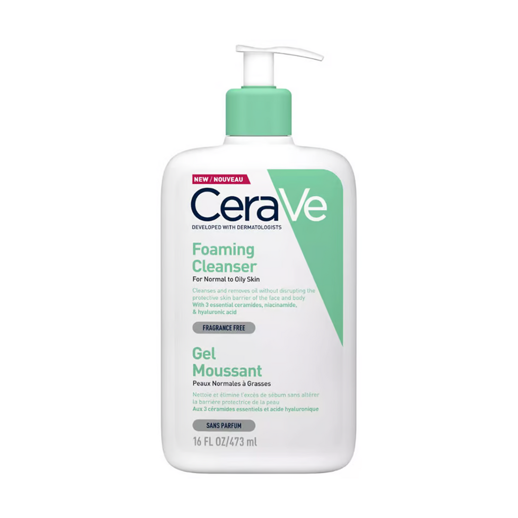 CeraVe Foaming Cleanser for Normal to Oily Skin - 473ml bottle with White and green label, surrounded by CeraVe branding.