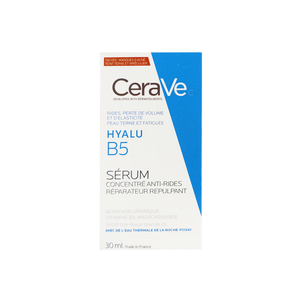 Bottle of CeraVe Hyalu B5 Serum with ingredients hyaluronic acid and vitamin B5 for skincare routine.