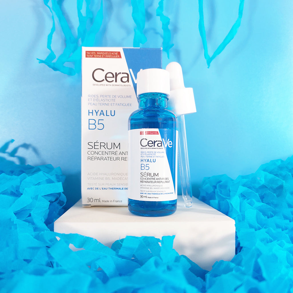 Bottle of CeraVe Hyalu B5 Serum with ingredients hyaluronic acid and vitamin B5 for skincare routine.