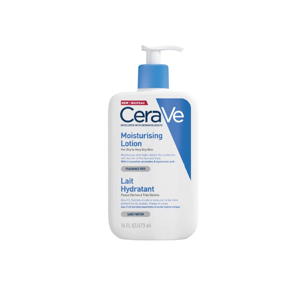 Image of CeraVe Moisturising Lotion bottle with text: 'CeraVe Moisturising Lotion for Dry to Very Dry Skin - 473ml