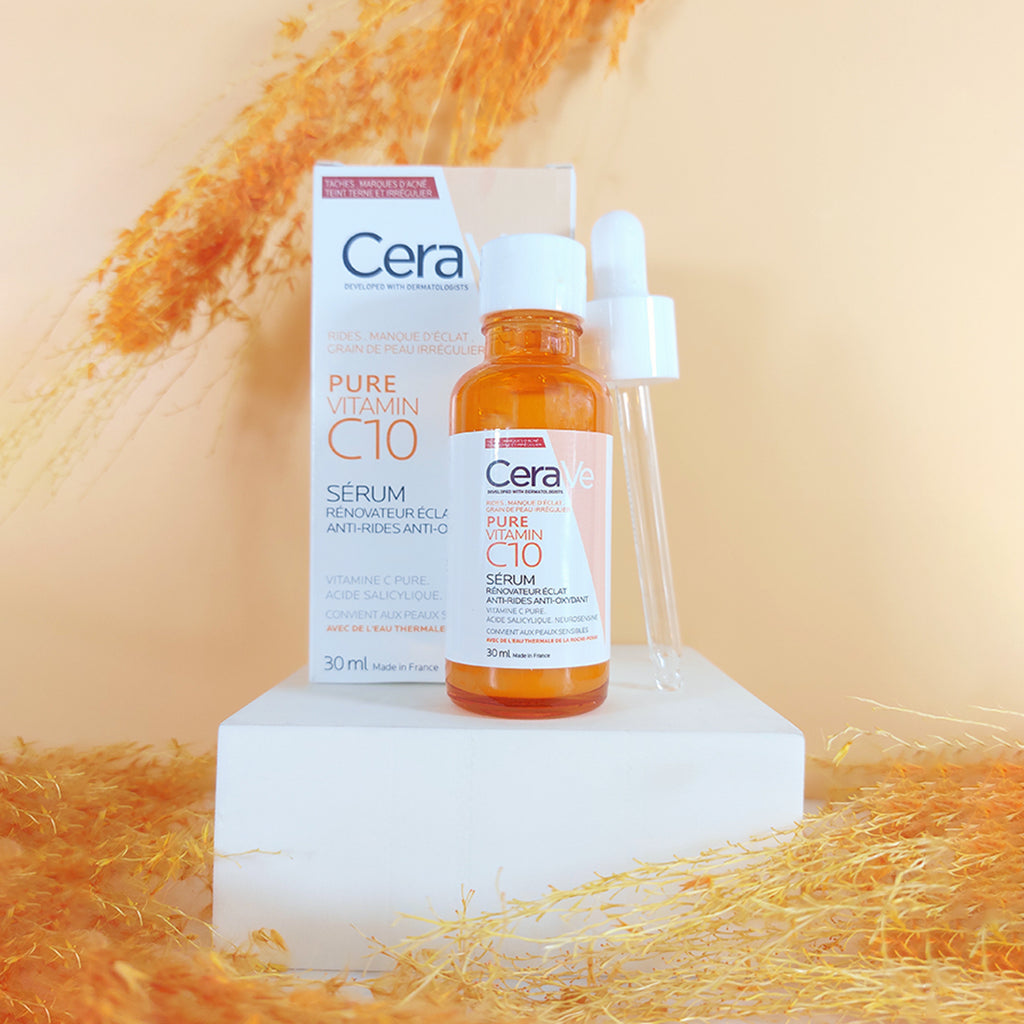 CeraVe Pure Vitamin C10 Serum - 30ml bottle with a white label, surrounded by citrus fruits representing its vitamin C-rich formula.