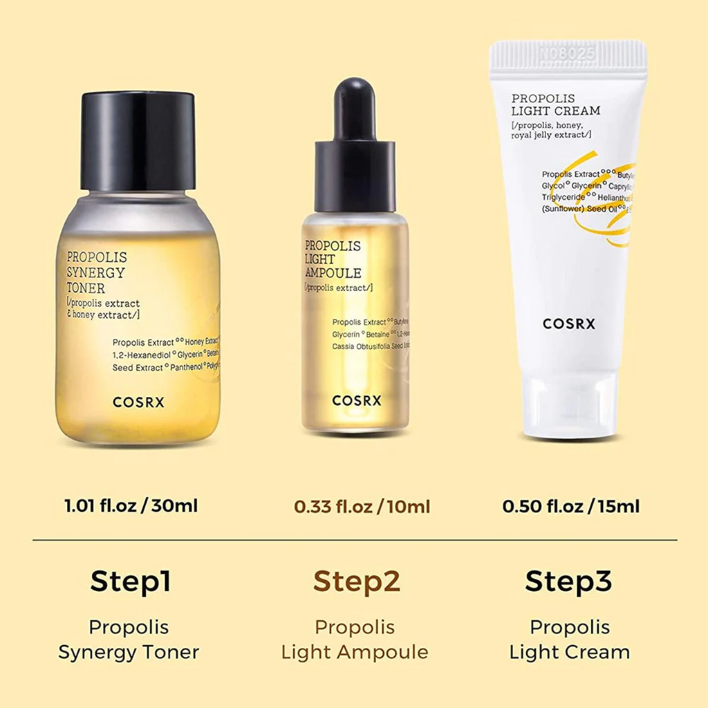 Image: A set of three skincare products from the Cosrx Honey Glow Kit, featuring Black Bee Propolis for moisturizing, nourishing, and strengthening the skin.