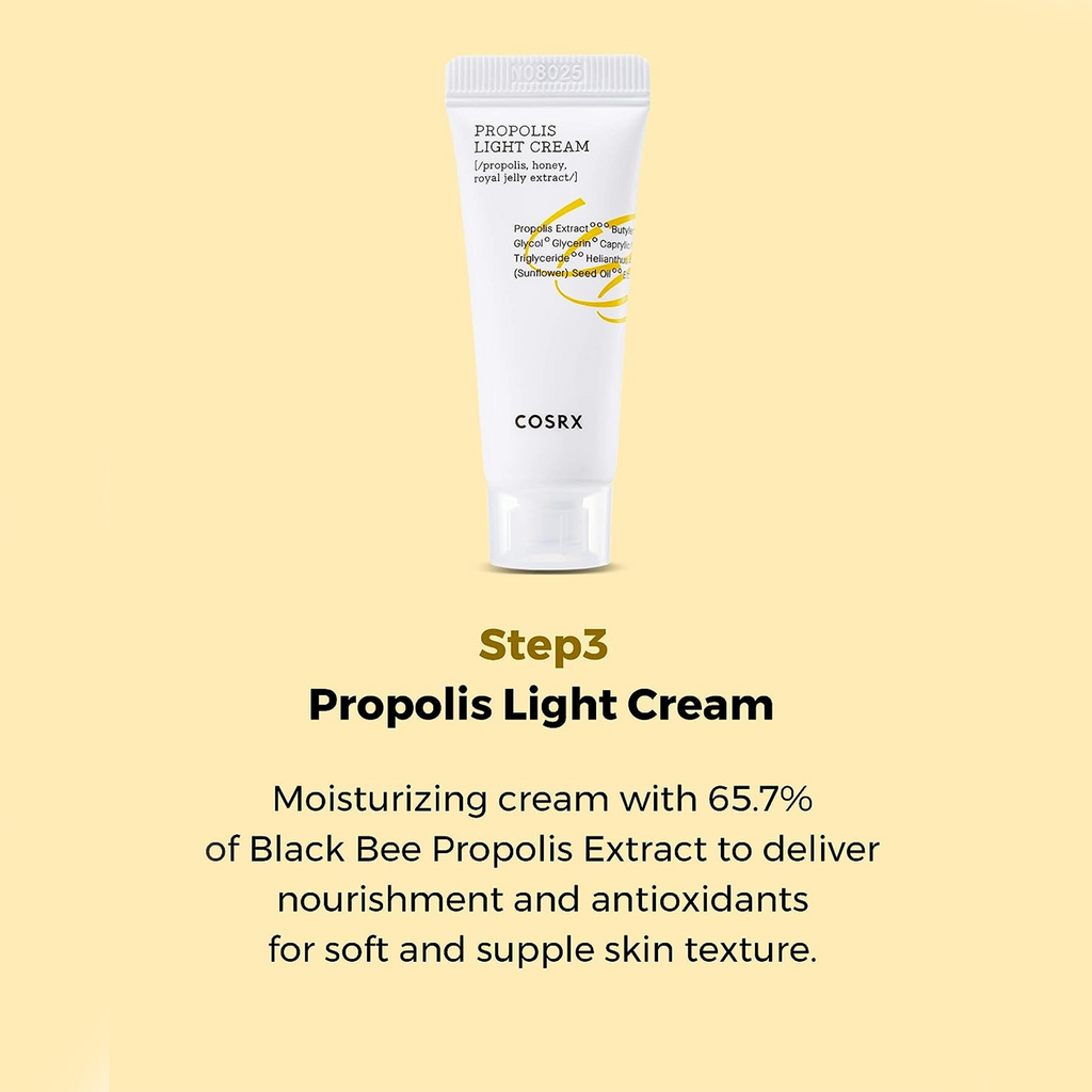 Image: A set of three skincare products from the Cosrx Honey Glow Kit, featuring Black Bee Propolis for moisturizing, nourishing, and strengthening the skin.