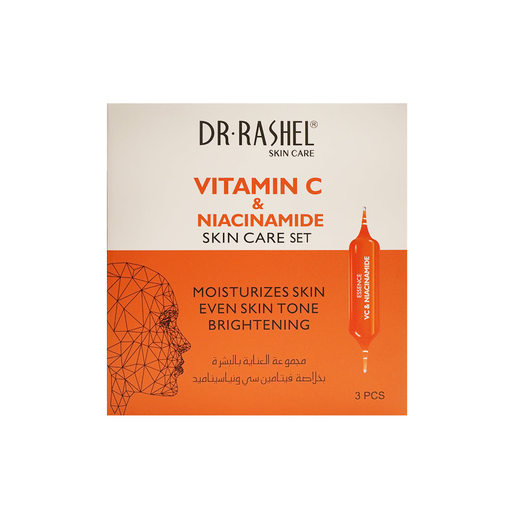 Image of the Dr. Rashel Vitamin C and Niacinamide Skin Care Set, featuring brightening spray, primer serum, and essence masks for radiant skin.