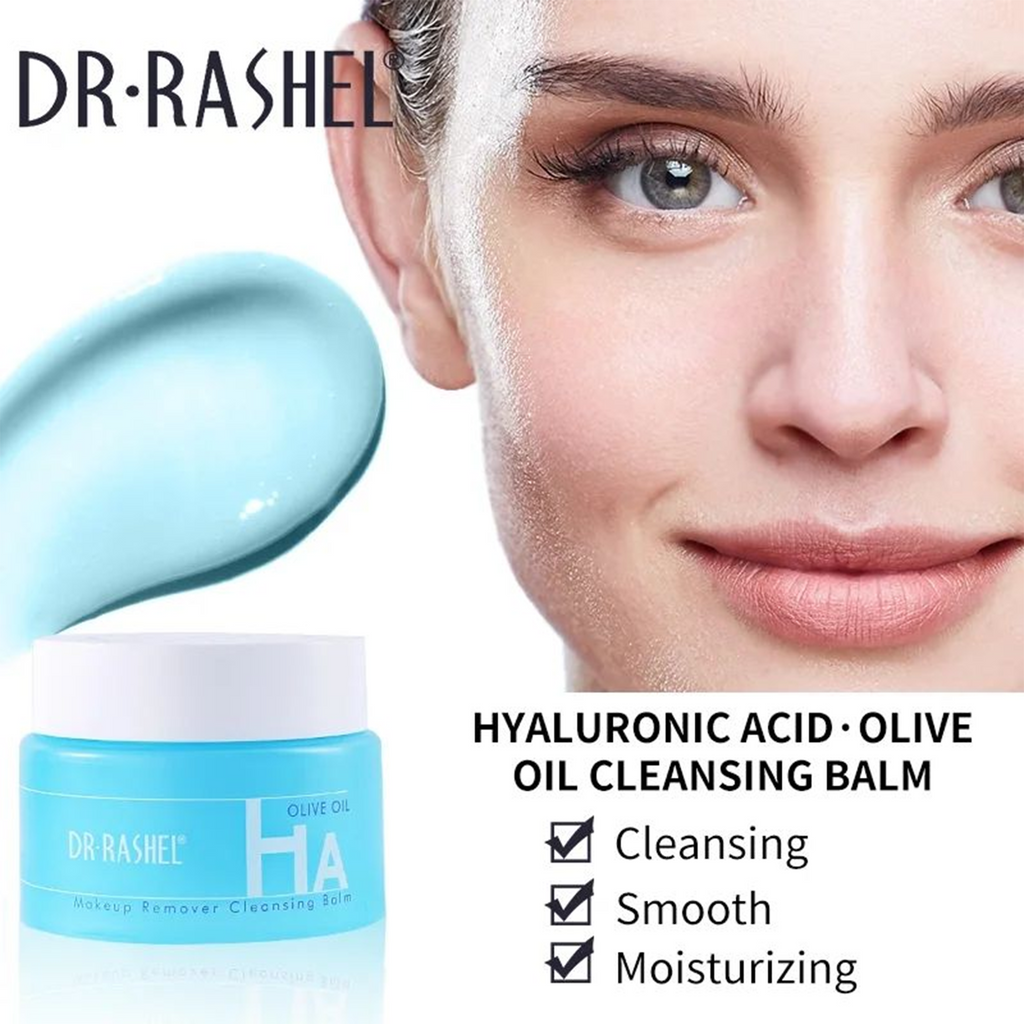 Image of Dr. Rashel Makeup Remover Cleansing Balm - 100g jar with hyaluronic acid and olive oil ingredients, suitable for all skin types.
