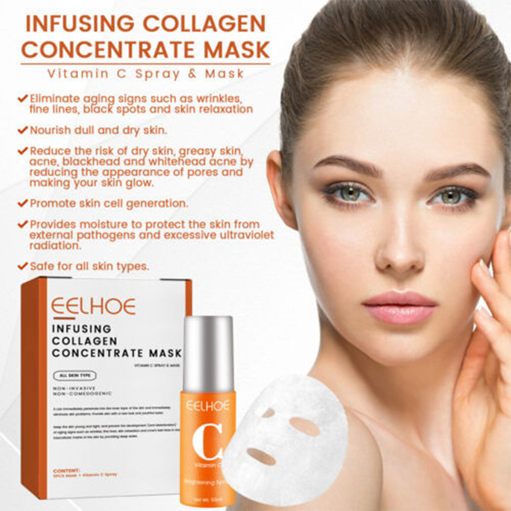 Eelhoe Infusing Collagen Concentrate Mask - 5pc Masks + 50ml Vitamin C Spray. Experience intensive skincare with rapid collagen absorption for radiant.
