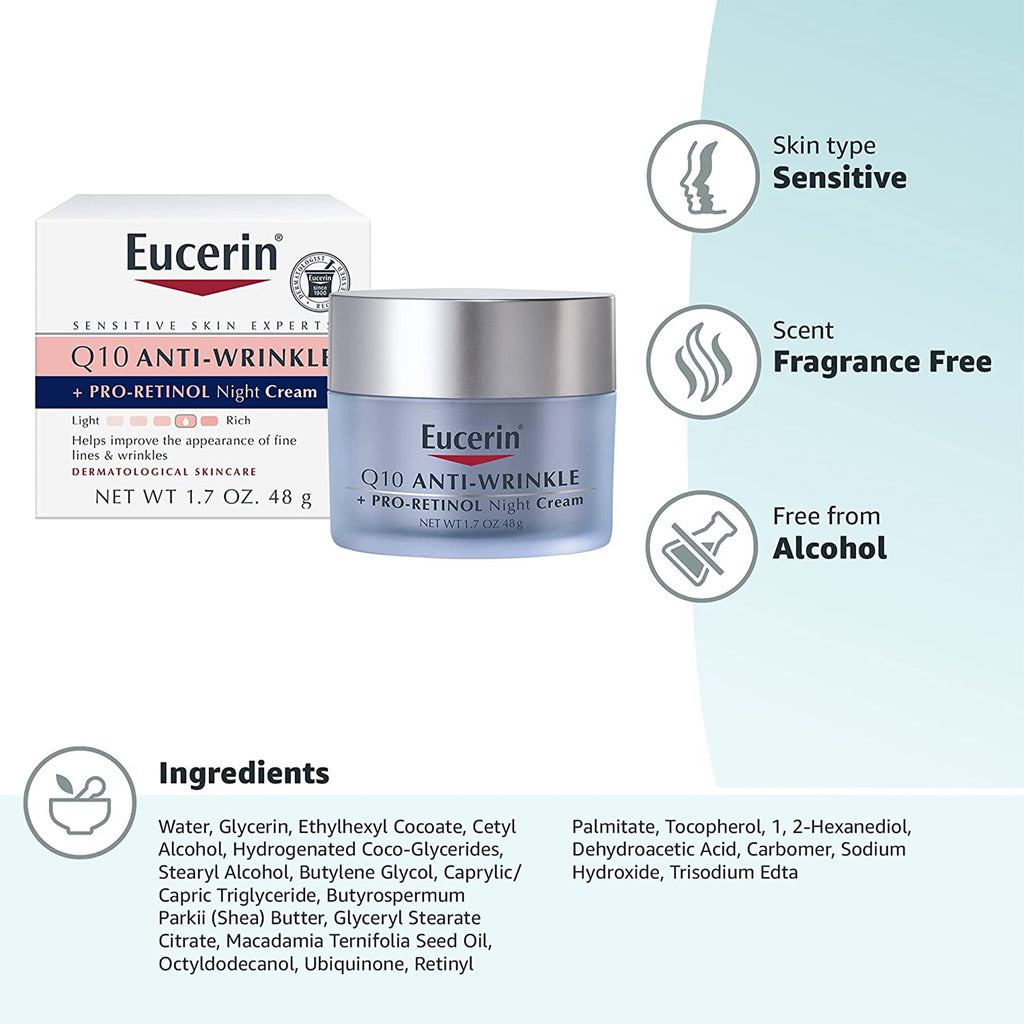 Eucerin Q10 Anti-Wrinkle Night Cream + Pro-Retinol - 48gm - Jar of night cream with ingredients, suitable for sensitive skin.