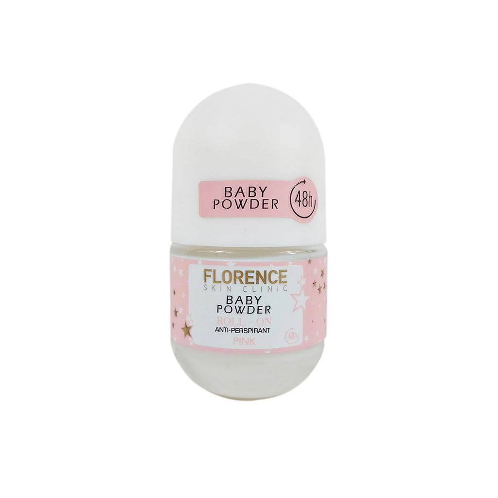 Florence Baby Powder Antiperspirant Pink Roll-On - 50ml. Provides 24-hour protection against odor and perspiration.