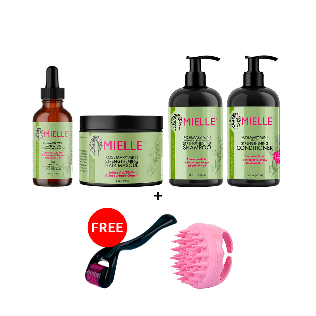 Image: Mielle Rosemary + Mint Hair Strengthening Special Package with Shampoo, Conditioner, Hair Masque, Oil, Derma Roller, and Scalp Massager Brush.
