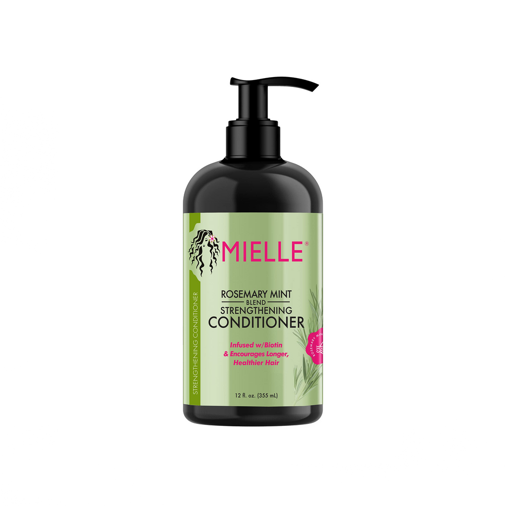 Bottle of Mielle Rosemary Mint Blend Strengthening Conditioner - 355ml with leaves of rosemary and mint on a white background.