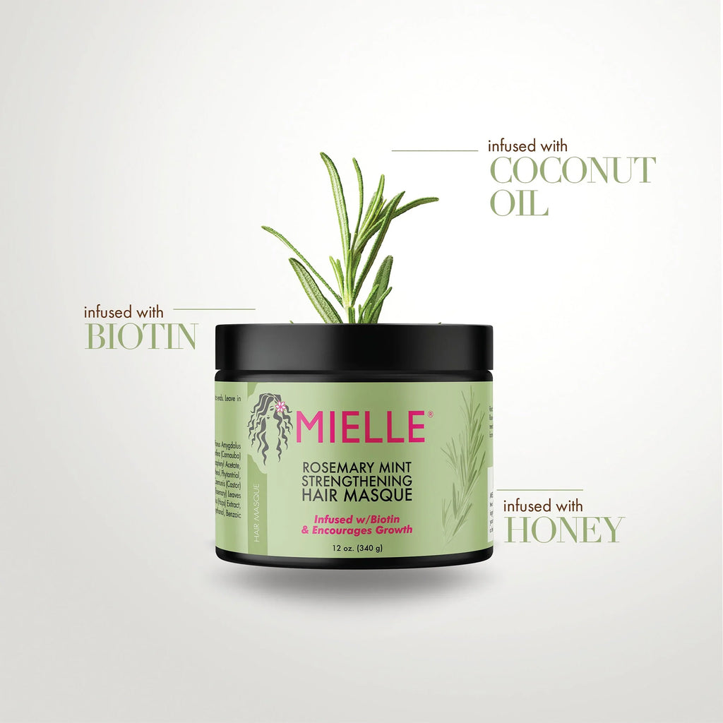 Mielle Rosemary Mint Strengthening Hair Masque - 340g - An enriching hair treatment with organic rosemary and honey for deep hydration and strength.