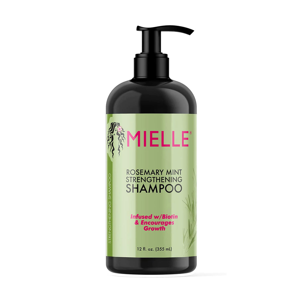 Bottle of Mielle Rosemary Mint Strengthening Shampoo - 355ml, enriched with biotin and organic oils, on a white background.