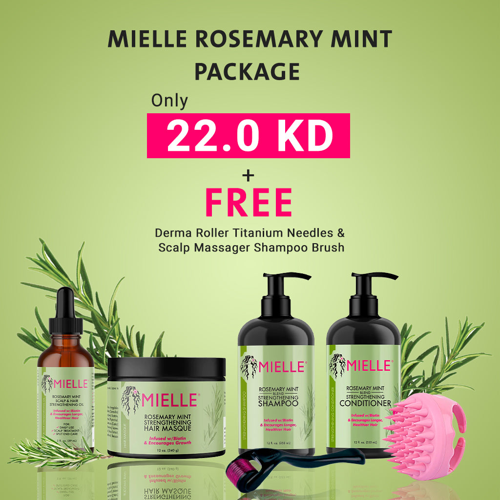 Image: Mielle Rosemary + Mint Hair Strengthening Special Package with Shampoo, Conditioner, Hair Masque, Oil, Derma Roller, and Scalp Massager Brush.