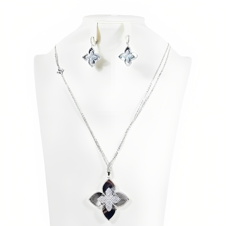 Silver & Blue 4 Shaped Flower Necklace And Earrings Set