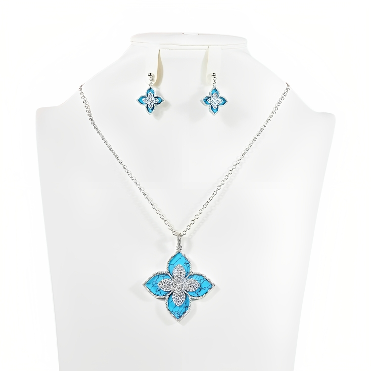 Silver & Blue 4 Shaped Flower Necklace And Earrings Set