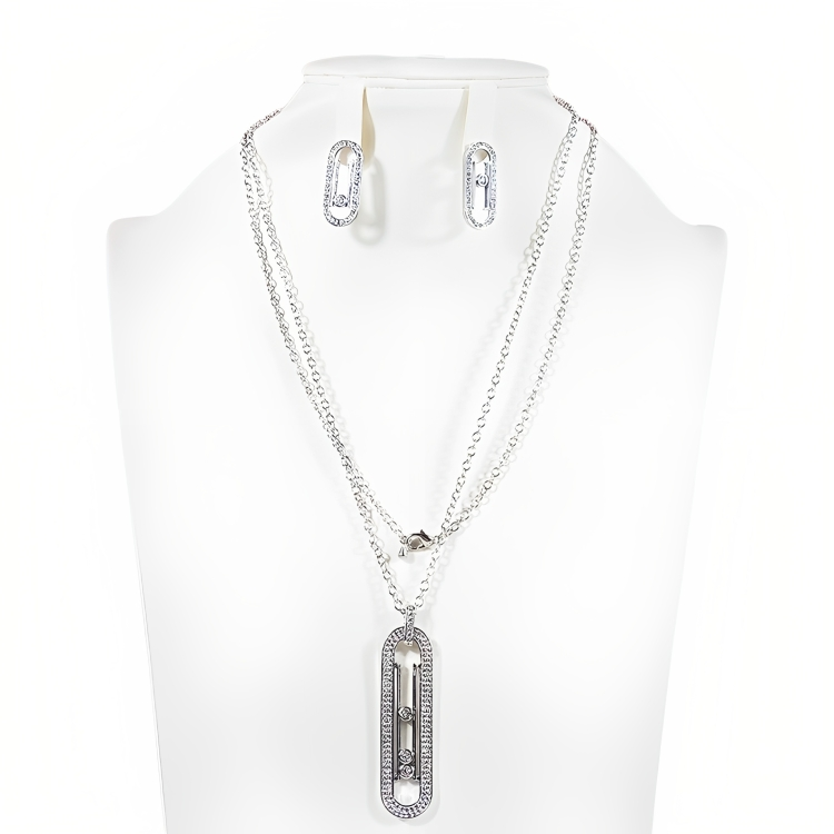Long Silver Oval Cut Necklace And Earring Set - NES03