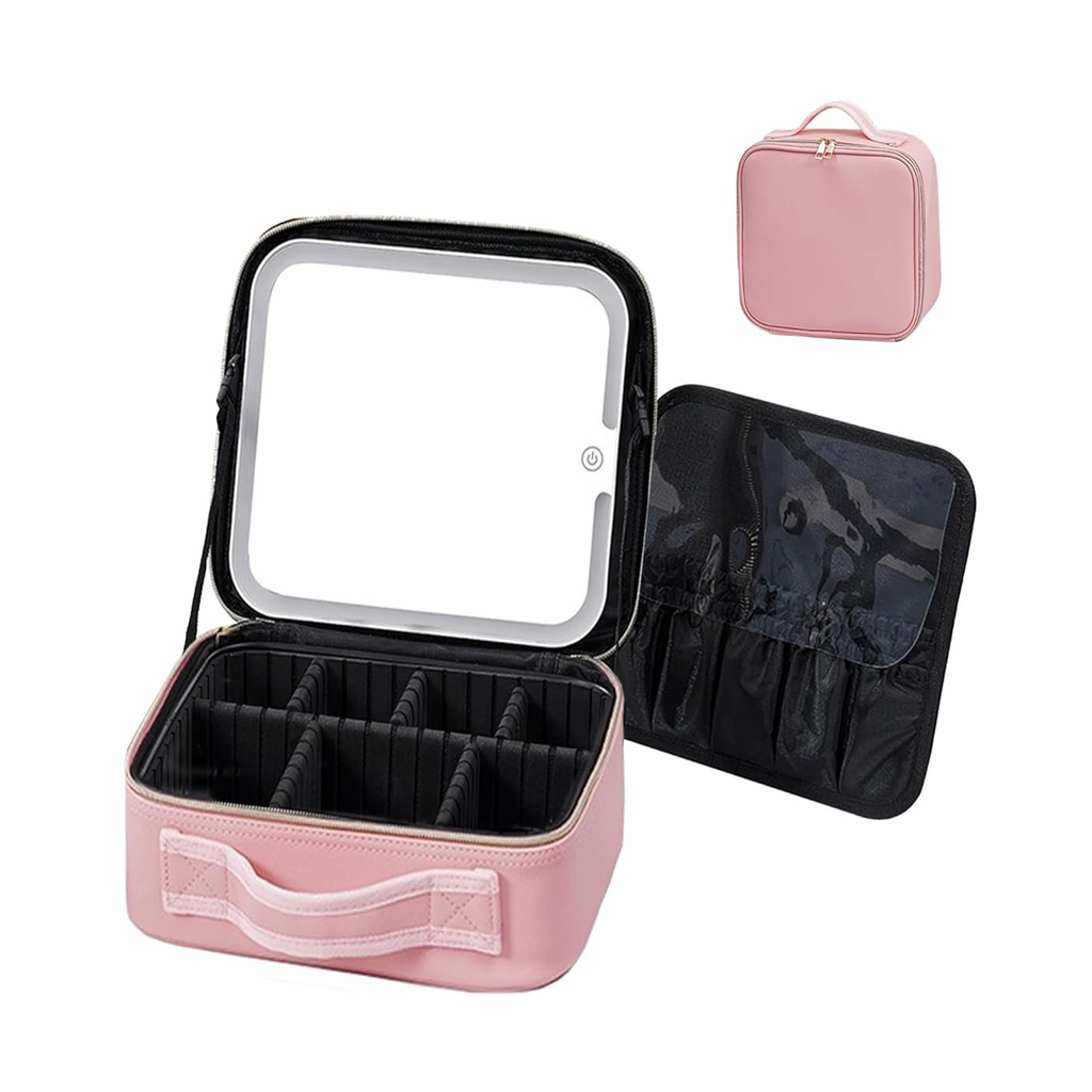 The pink color of Portable Travel Makeup Organizer Case 