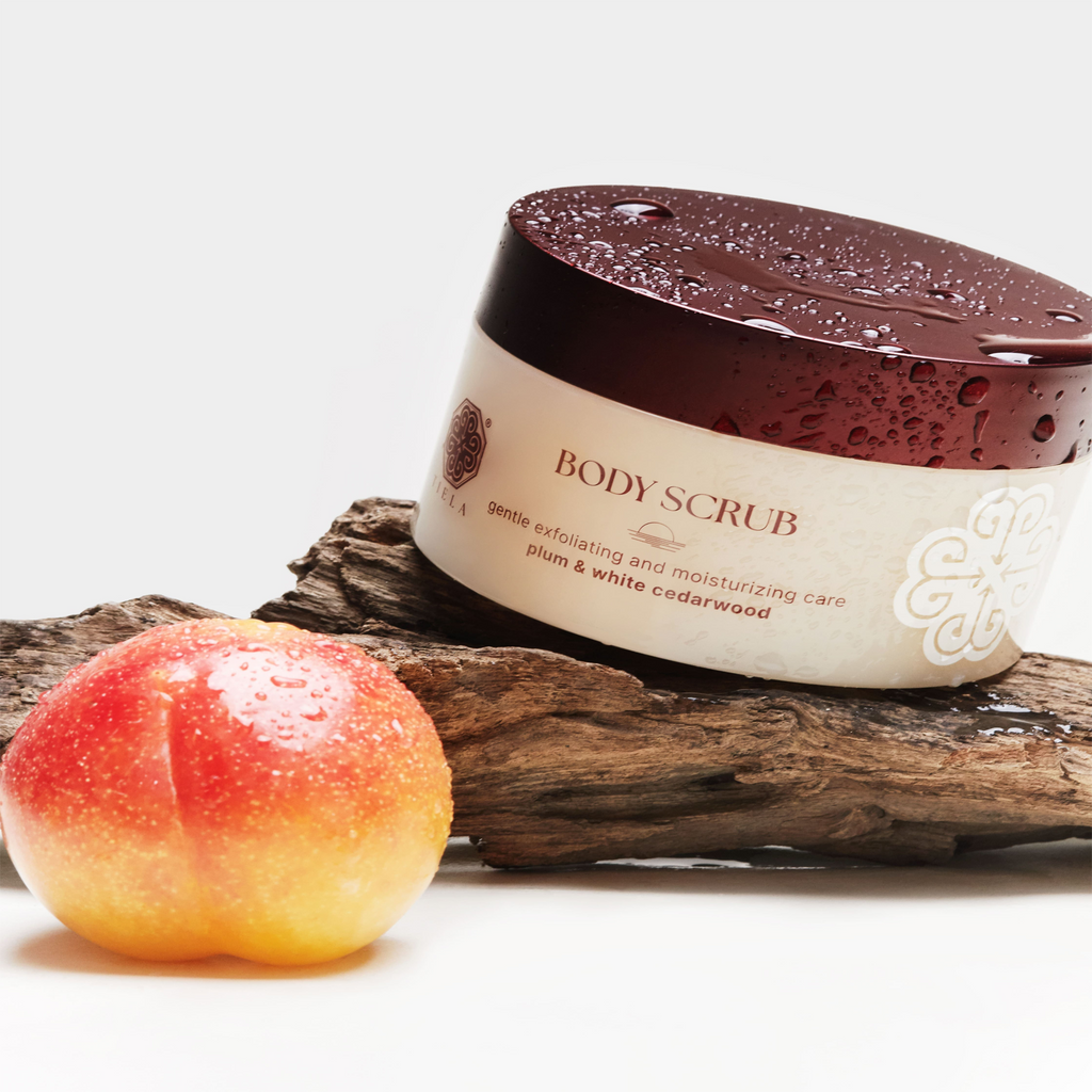 Tiela Body Scrub Plum and White Cedarwood available on Qasr Jamal Store