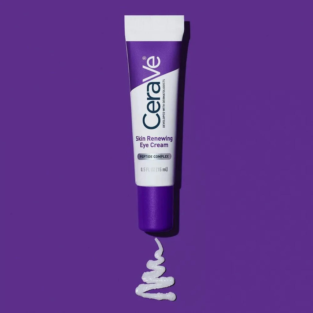 Image of CeraVe Skin Renewing Eye Cream bottle with key ingredients, peptides, hyaluronic acid, and niacinamide.
