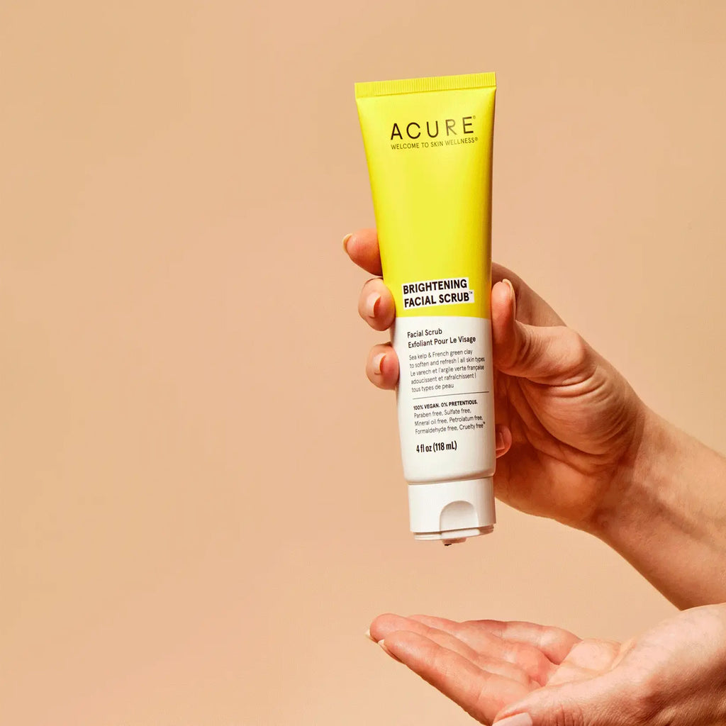 ACURE Brightening Facial Scrub - Gentle skin polisher for brighter, firmer skin. Infused with organic sea kelp, French green clay, lemon peel, and Madonna lily extracts. Suitable for all skin types.