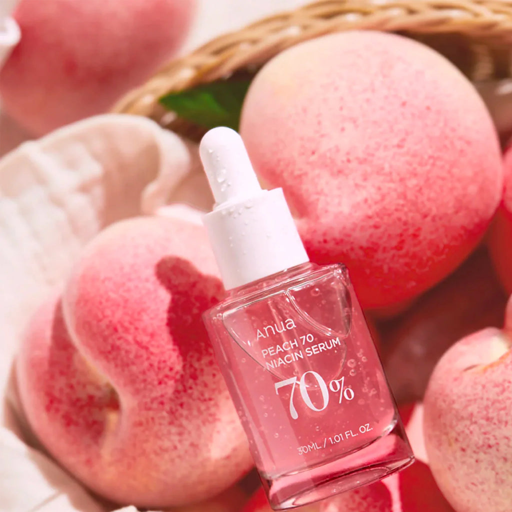 Anua Peach 70% Niacinamide Serum - Brightens dull skin, minimizes pores, and hydrates for a radiant complexion. Sustainable skincare with natural peach extracts from Jeju Island.