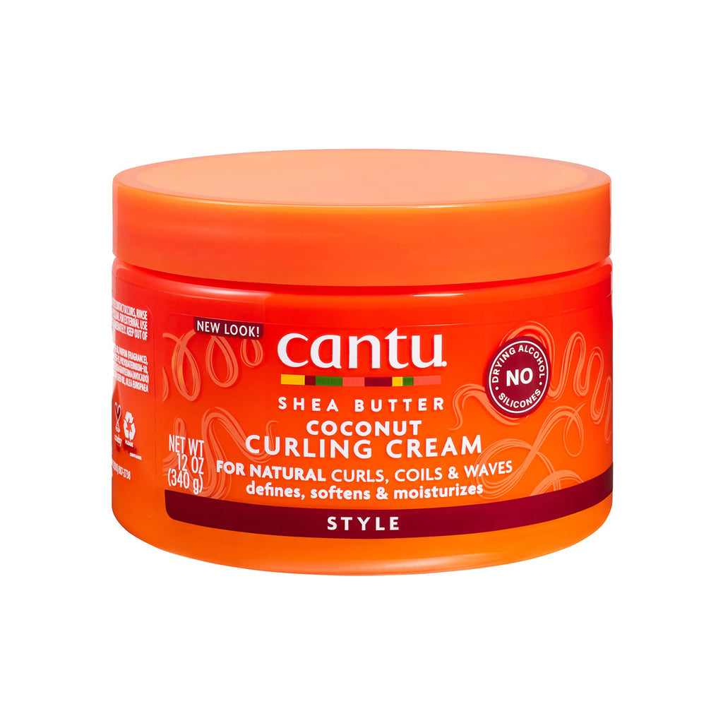 Cantu Coconut Curling Cream - 340g jar surrounded by coconut and shea butter.