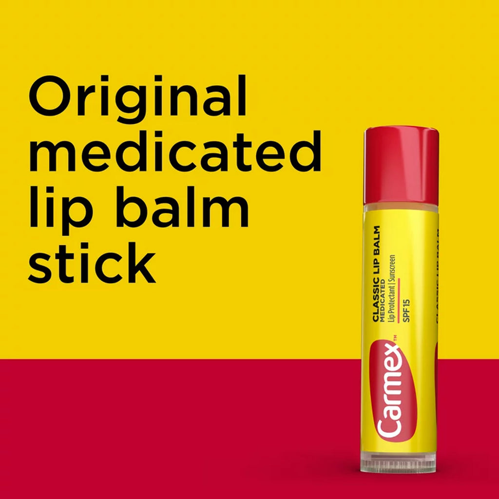 Carmex Classic Lip Balm Original - Moisturizing lip balm sticks with SPF 15 for dry, chapped lips. Contains cocoa butter, camphor, and menthol.