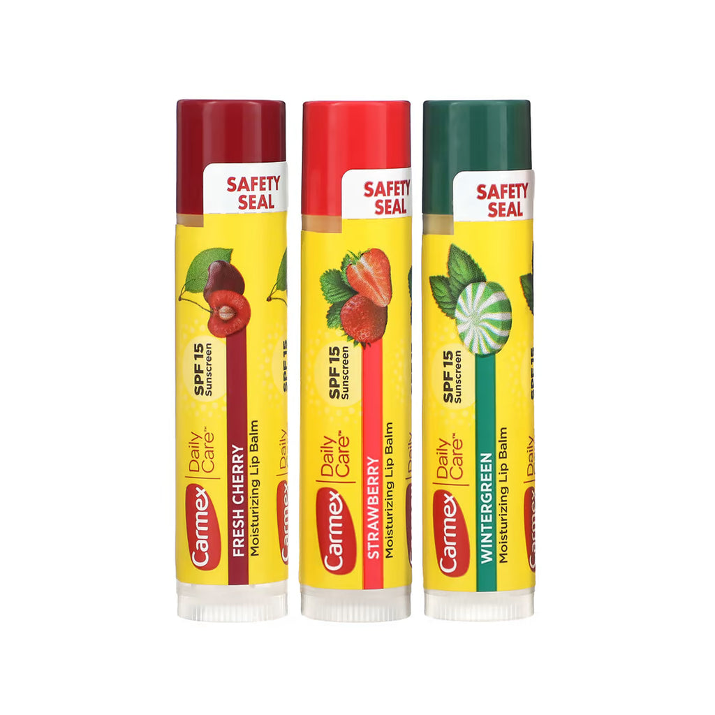 Carmex Daily Care SPF15 Variety Pack - Lip balm trio in Strawberry, Wintergreen, and Cherry flavors, offering long-lasting moisture and SPF15 sun protection.
