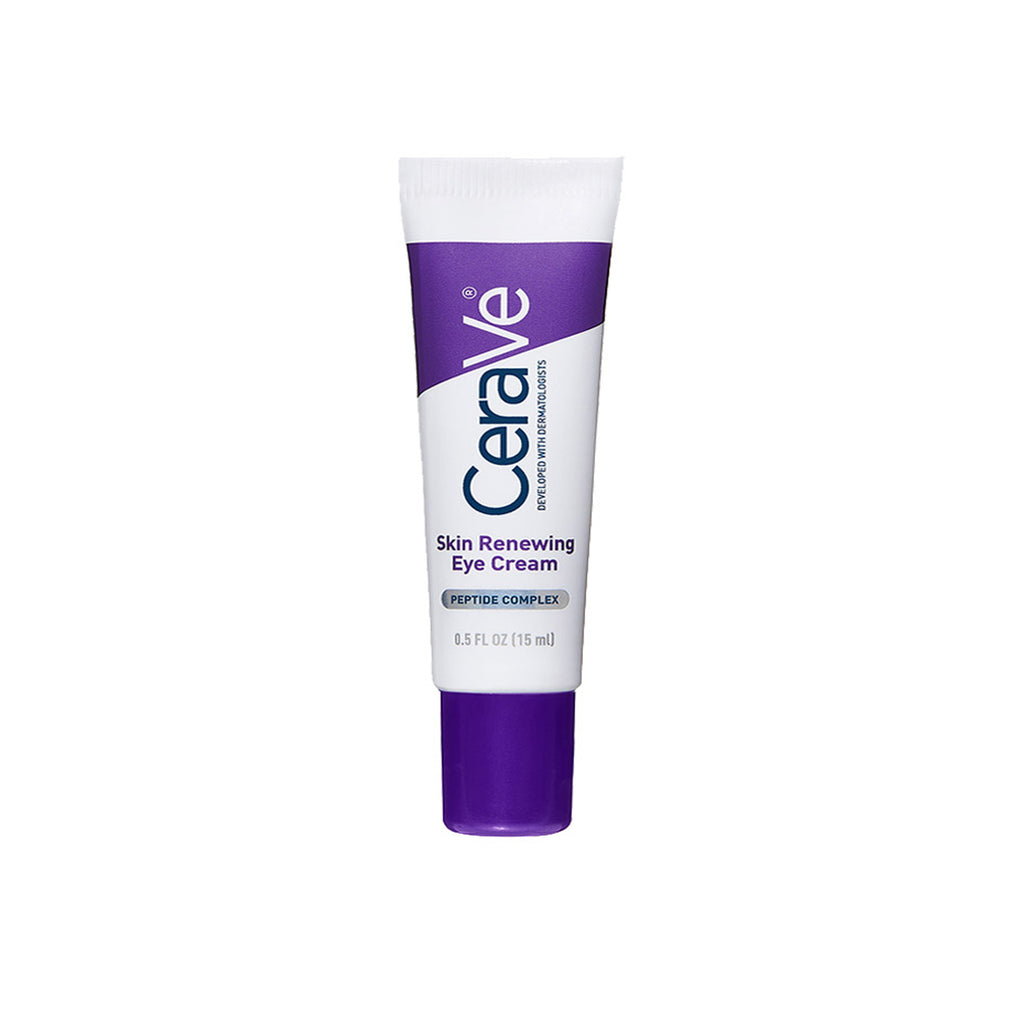 Image of CeraVe Skin Renewing Eye Cream bottle with key ingredients, peptides, hyaluronic acid, and niacinamide, displayed against a neutral background.