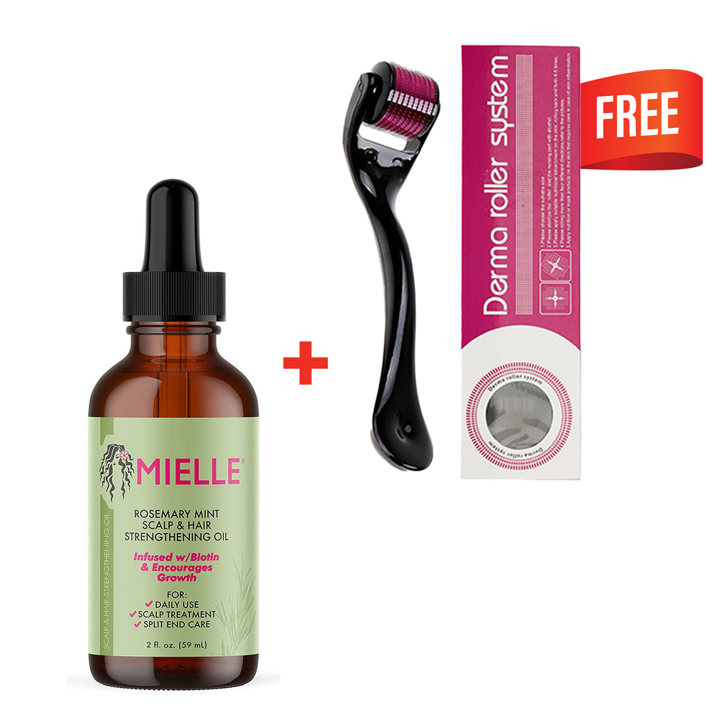Bottle of Mielle Rosemary Mint Scalp & Hair Strengthening Oil with a complimentary Derma Roller