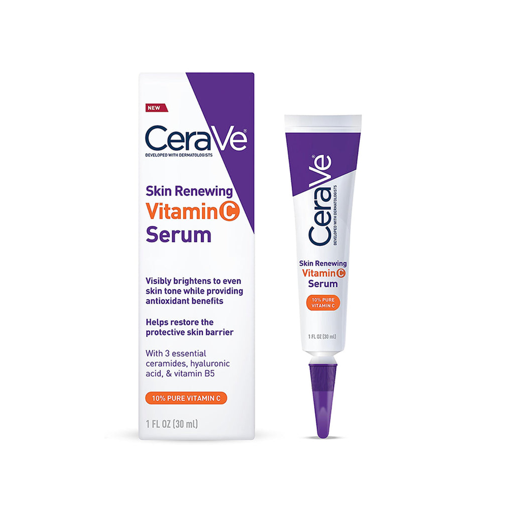 Bottle of CeraVe Skin Renewing Vitamin C Serum, a skincare product designed to brighten and hydrate the skin, with ingredients such as vitamin C, ceramides, and hyaluronic acid.
