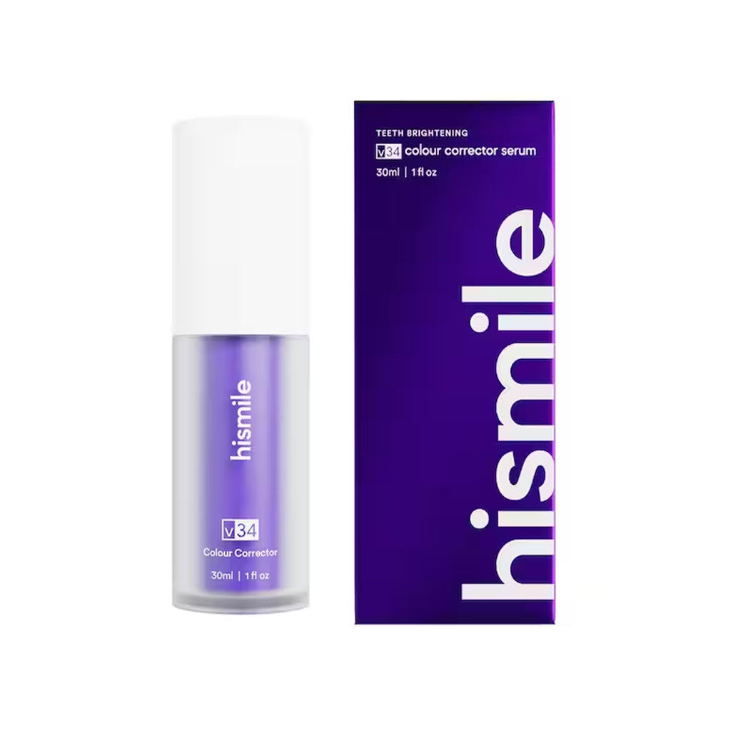 Bottle of Hismile V34 Colour Corrector Serum, peroxide-free teeth brightener, designed to conceal yellow tones and enhance smile brightness.