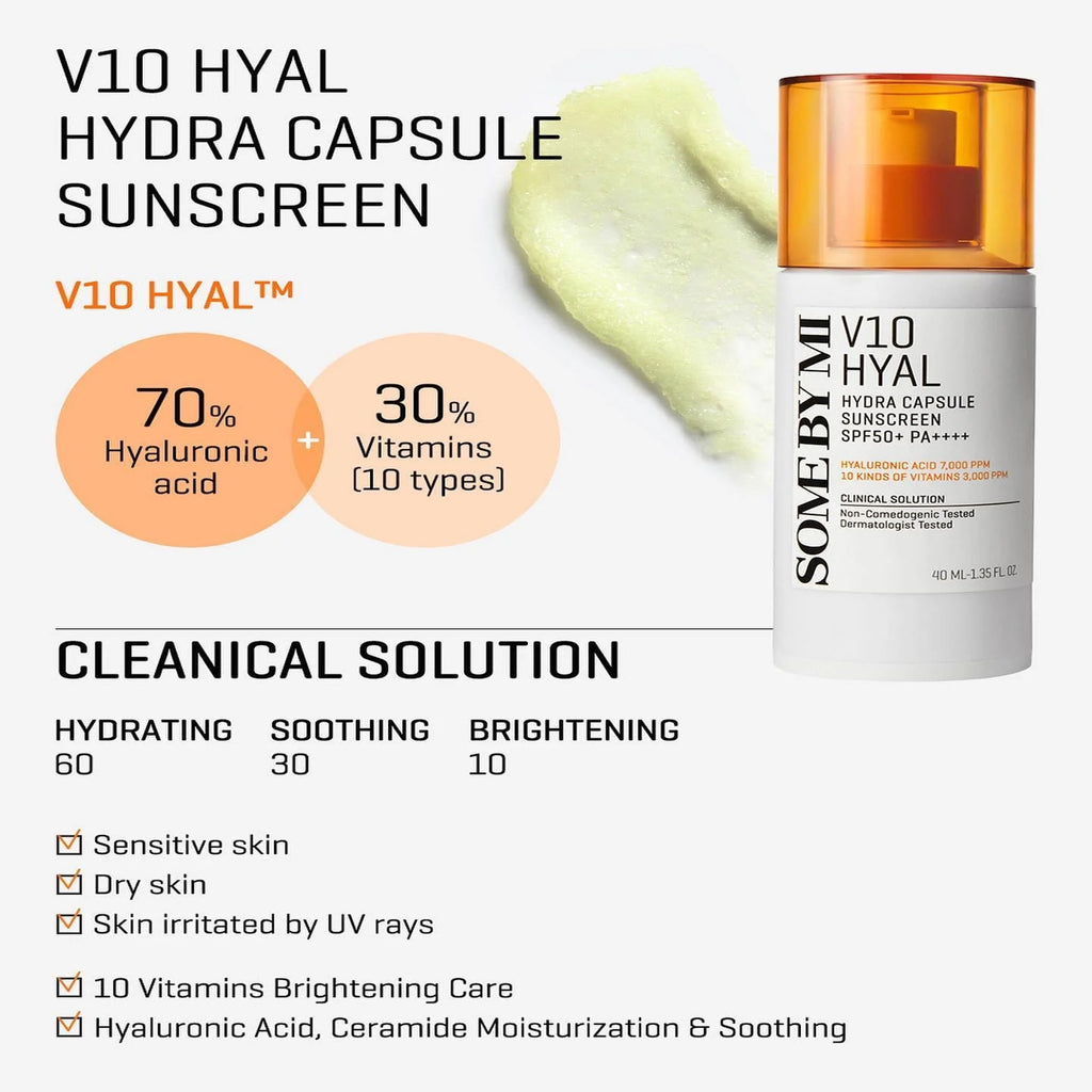 Some By Mi V10 Hyal Hydra Capsule Sunscreen SPF50+ PA++++- Key Benefits