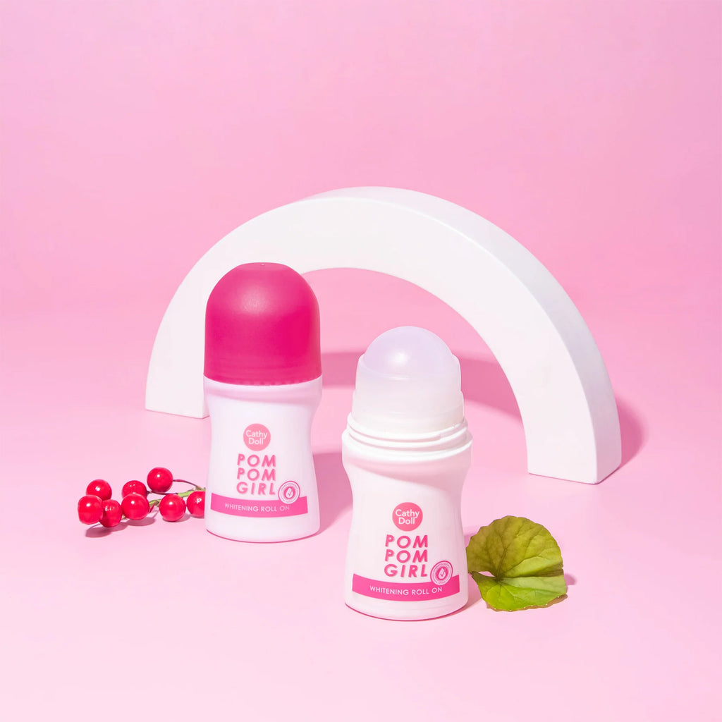 Cathy Doll Pom Pom Girl Whitening Roll On - 50ml bottle with a roll-on applicator, providing long-lasting freshness and hydration for the underarms.