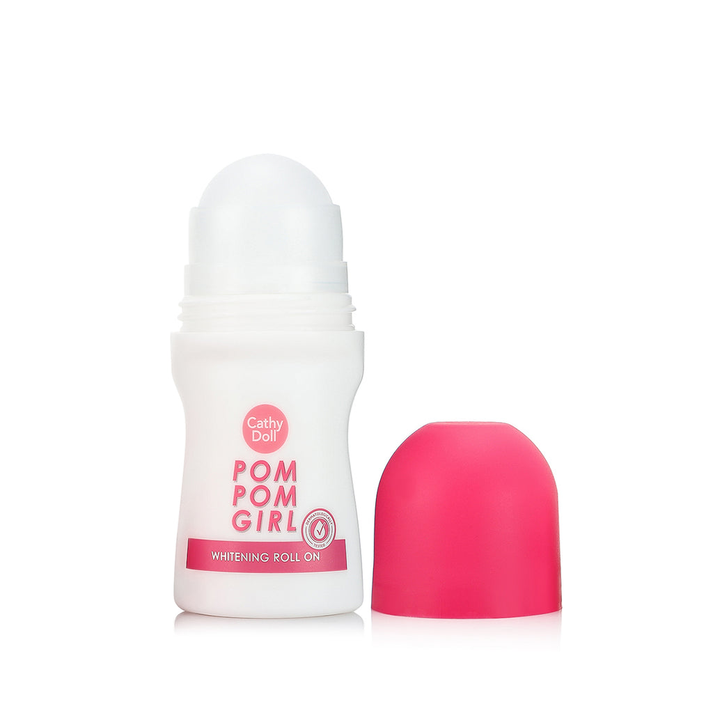 Cathy Doll Pom Pom Girl Whitening Roll On - 50ml bottle with a roll-on applicator, providing long-lasting freshness and hydration for the underarms.