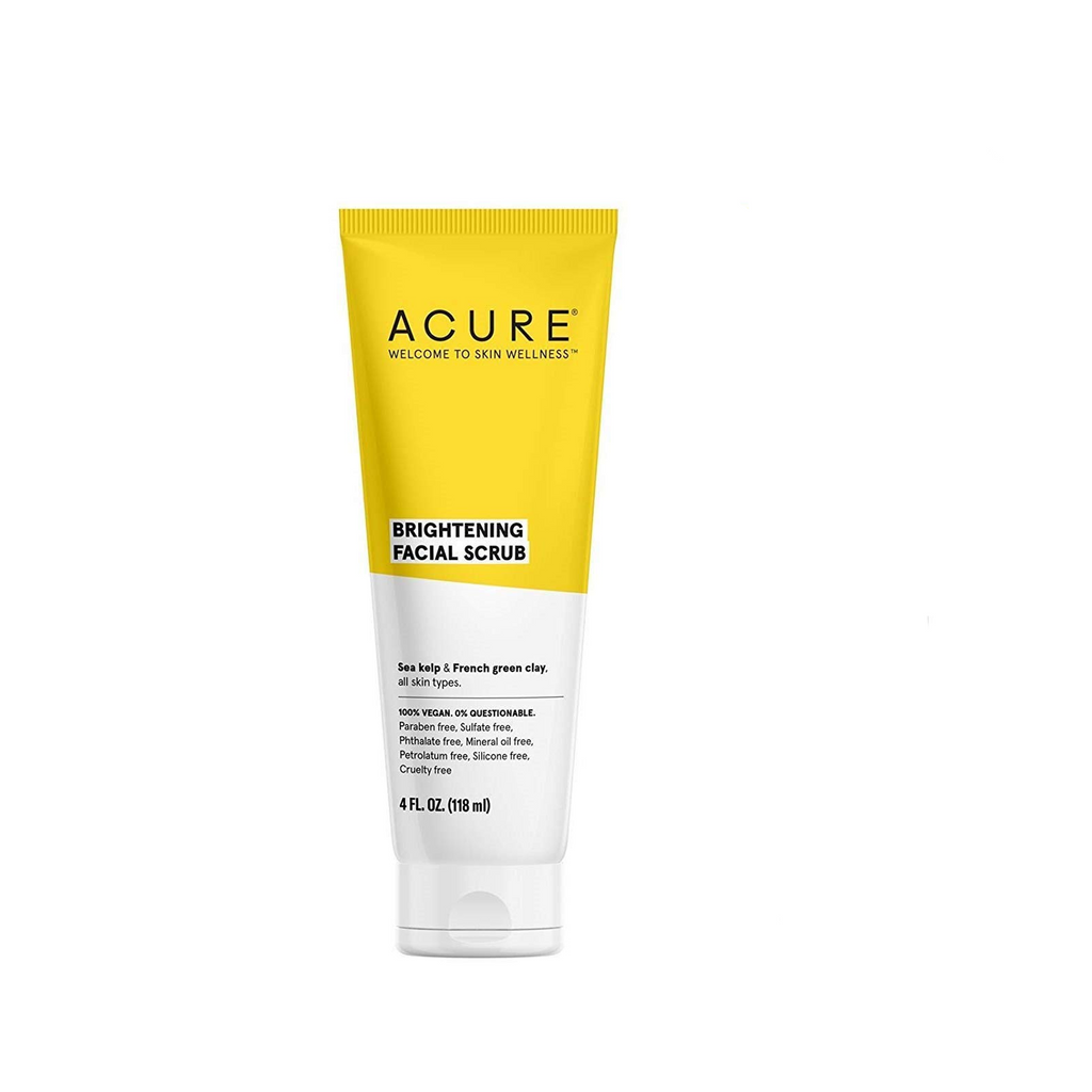 ACURE Brightening Facial Scrub - Gentle skin polisher for brighter, firmer skin. Infused with organic sea kelp, French green clay, lemon peel, and Madonna lily extracts. Suitable for all skin types.