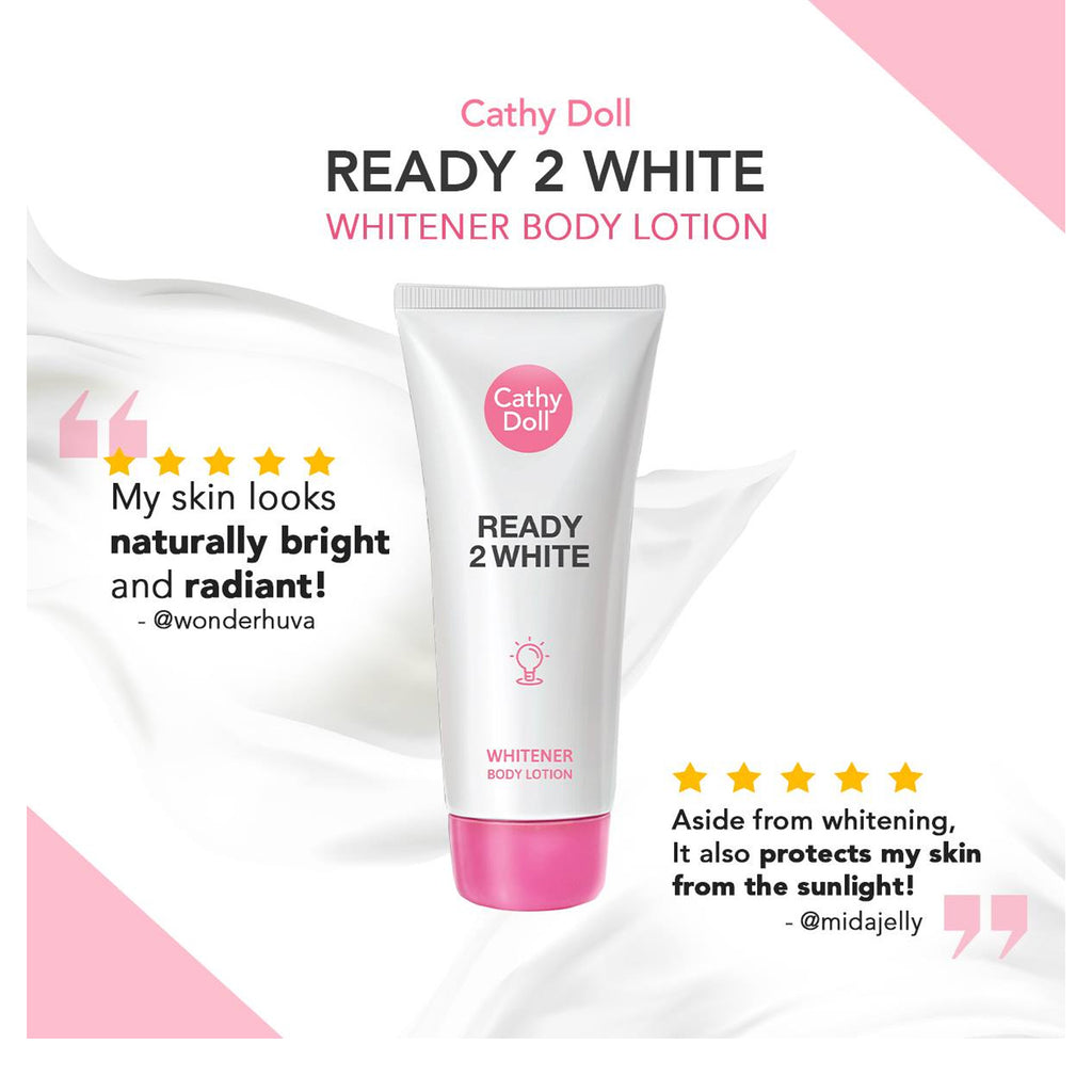  Cathy Doll Ready 2 White Whitener Body Lotion - 150ml bottle with a brightening effect, enriched with milk protein for radiant, smooth skin in just 3 minutes.