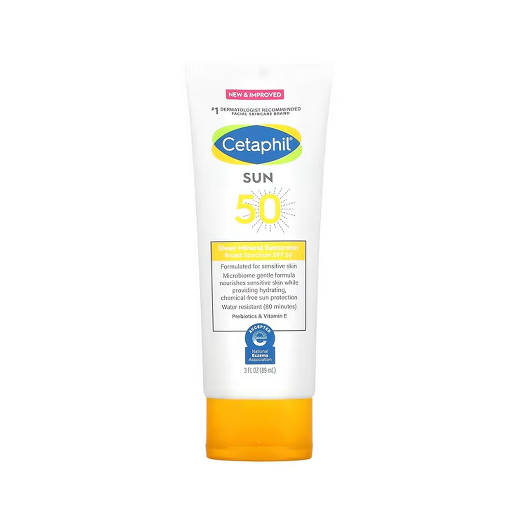 Cetaphil Sheer Mineral Sunscreen Broad Spectrum SPF 50 - For Sensitive Skin - 89ml - Lightweight mineral sunscreen with prebiotics and soothing vitamin E, providing broad-spectrum UV protection.