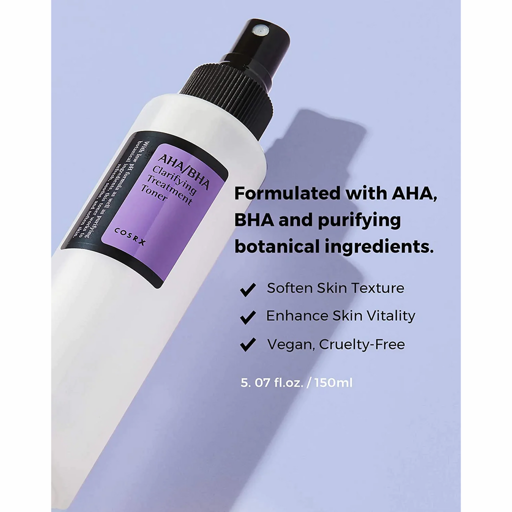 Bottle of Cosrx AHA/BHA Clarifying Treatment Toner, a skincare product formulated with AHA, BHA, and botanicals for exfoliating and hydrating the skin.