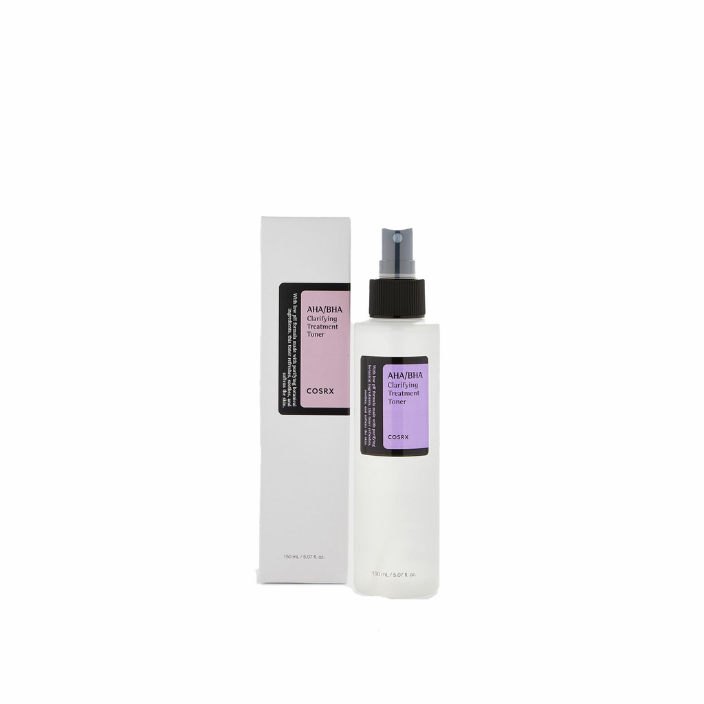 Bottle of Cosrx AHA/BHA Clarifying Treatment Toner, a skincare product formulated with AHA, BHA, and botanicals for exfoliating and hydrating the skin.
